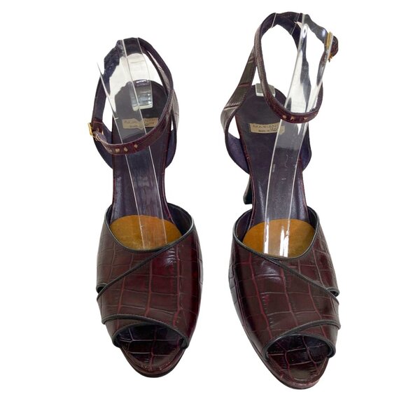 Mariani Studios Shoes - Mariani Studio Vtg. Italian Croc-Embossed Brown Leather Ankle-Strap Heels US 6